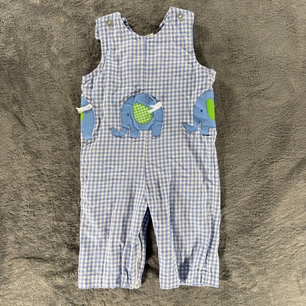 Funtasia Too Overalls Kids 24M Blue Gingham Elephant Applique Jon Jon 91345